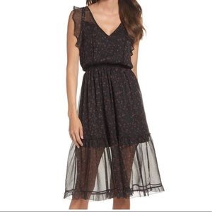 BB DAKOTA Cal Ditsy Floral Midi Dress Flutter Sleeve Semi Sheer Boho Large